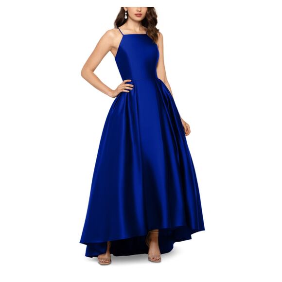 Betsy & Adam Satin High-Low Evening Gown Blue Size 12 Sleeveless Mini Train - Picture 11 of 13